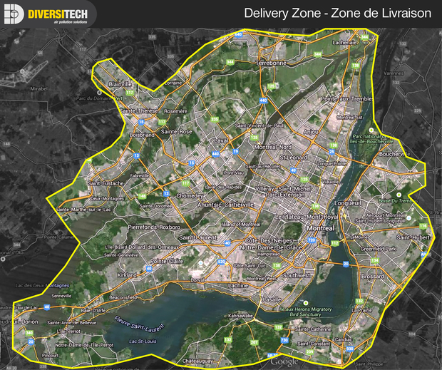 Diversitech's delivery zone in the greater Montreal region